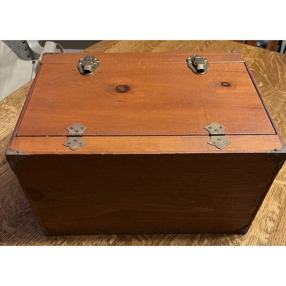Vintage Pine Travel writing Desk 15x8x10 Brass Closure Handle Corners Hinges